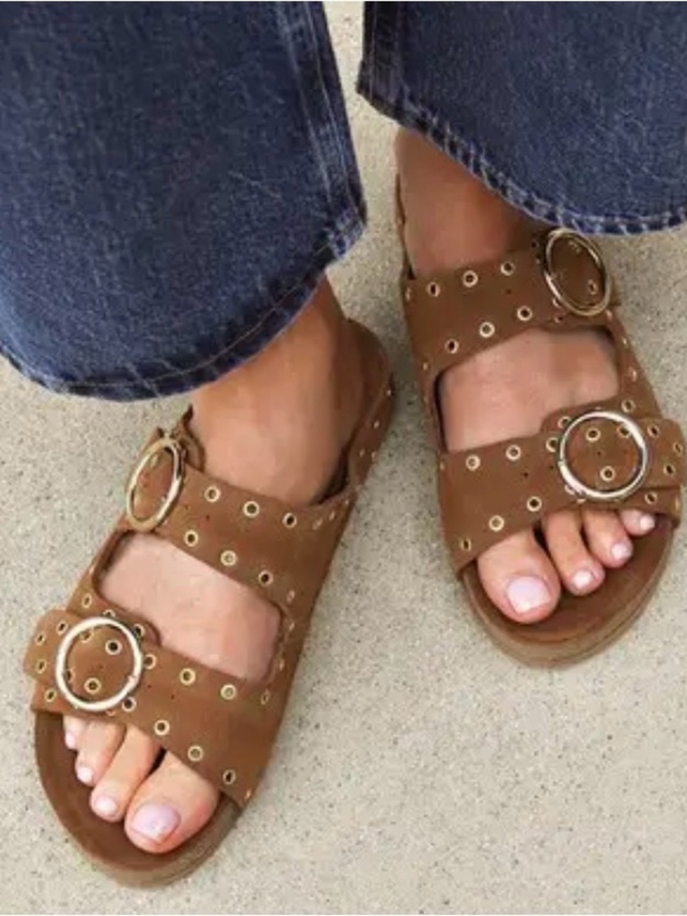 Beek Cedar Slide Brown Double Buckle Eyelet Sandals